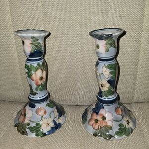 2 Andrea By Sadek Pair of Candlestick Holders Hand Painted Flowers 7" Wide Base